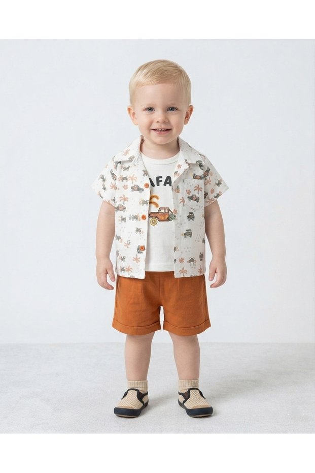 Summer Baby Boy Muslin Shirt Car Printed 3-Piece 6-9-12-18-24 Months Set