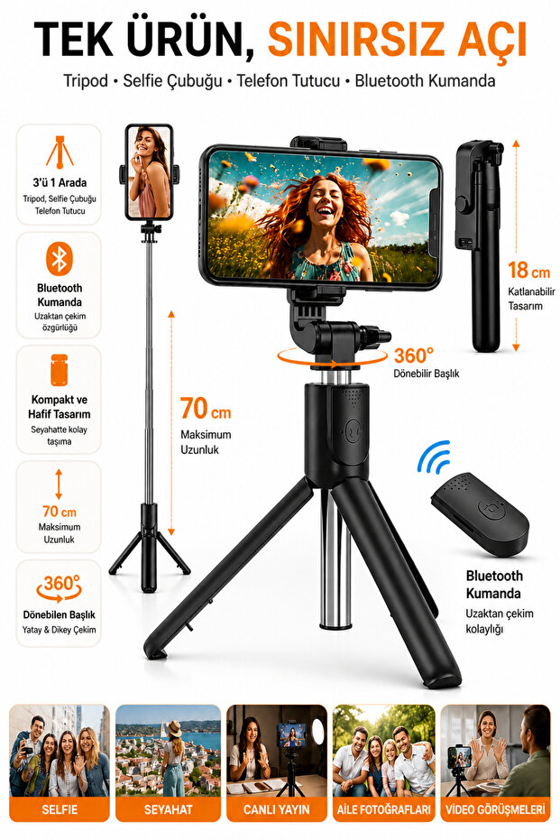 Bluetooth Controlled Selfie Stick – Extendable Phone Holder Monopod with Tripod Feature