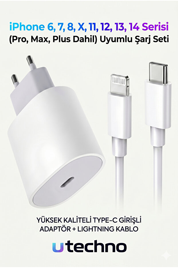 utechno iPhone Hızlı Şarj Aleti Adaptör + Lightning Kablo 6 7 8 X 11 12 13 14 Pro Max Plus Uyumlu 25W iOS