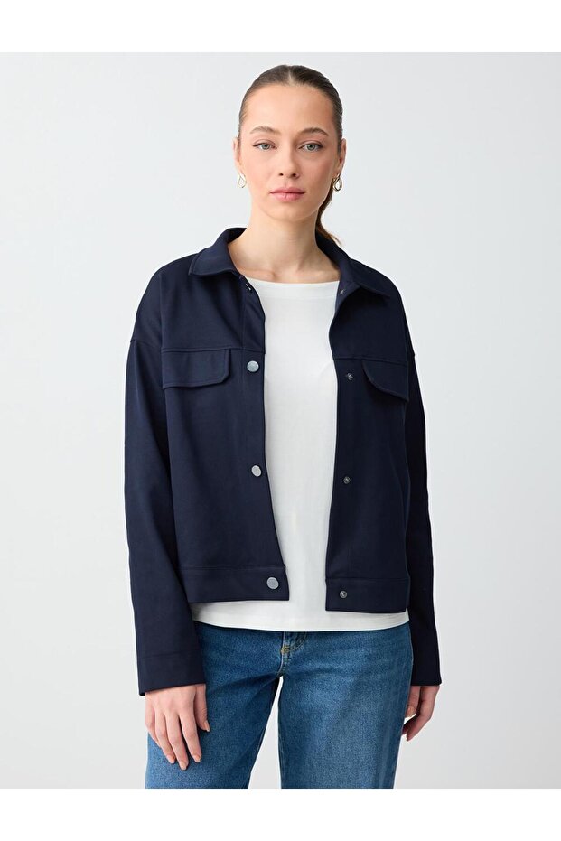 Navy Blue Straight Cut Long Sleeve Knitted Jacket with Snap Detail