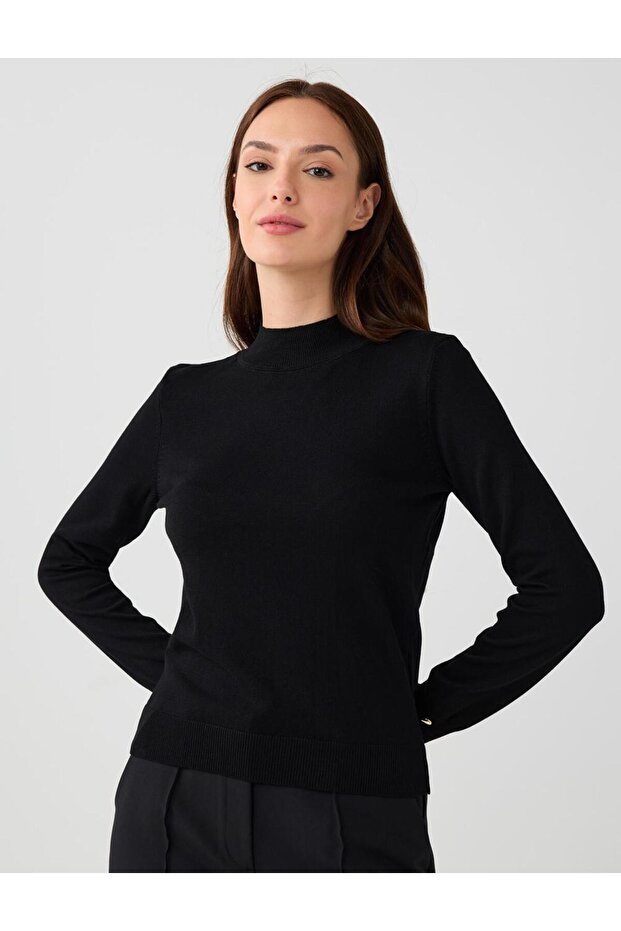 Black Turtleneck Long Sleeve Knitwear Sweater with Button Detail