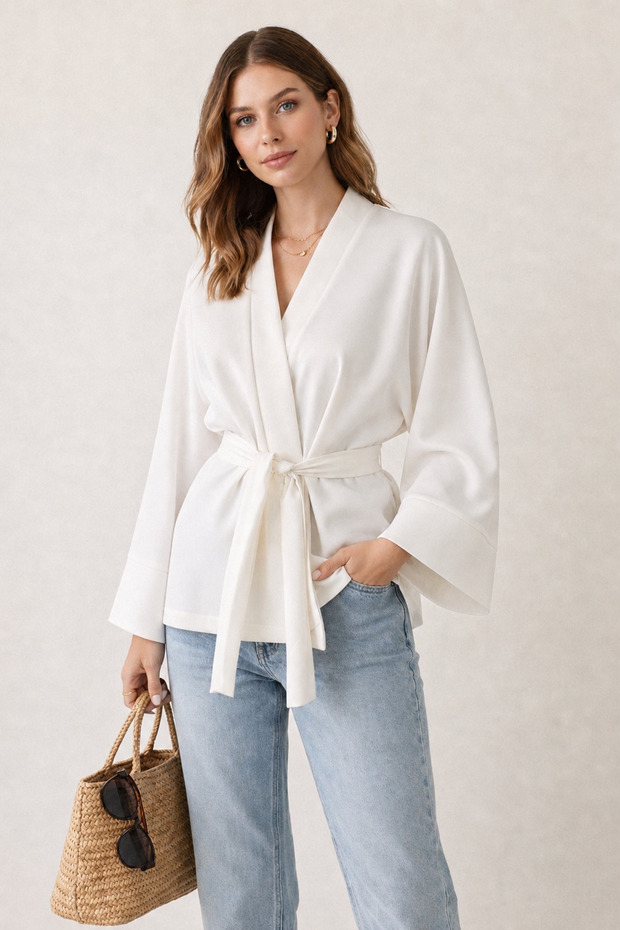 White Design Belted Kimono - White