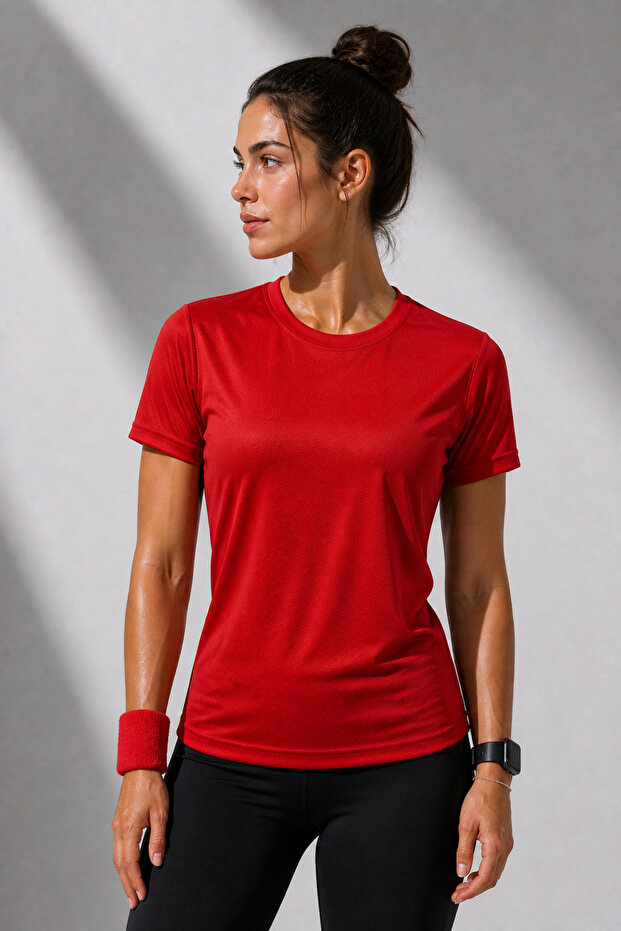 KaeLaurean Kadın Kırmızı Performans Spor Tişört Hızlı Kuruyan Esnek ve Dayanıklı Kumaş Nem Emici Spor T-Shirt