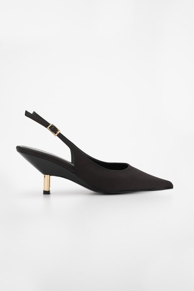 Women's Stiletto Pointed Toe Open Back Gold Metal Heel Classic Heeled Shoes Rente Black Satin