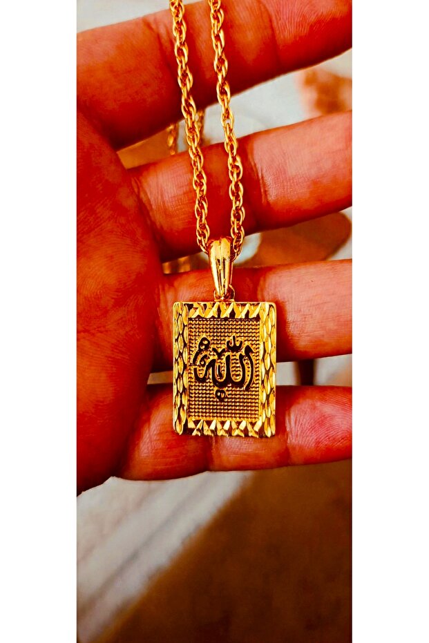 Gold Color Plated Allah C.C Written Rectangular Shaped Necklace