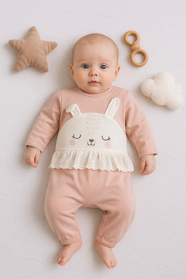 3-12 Months Baby Girl Jumpsuit Rabbit Embroidered Laced Dusty Rose