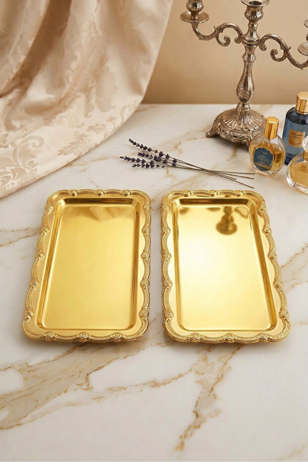 Rumlov Gold 2-Piece Stainless Steel Gold Frame Coffee Presentation Tray Baton