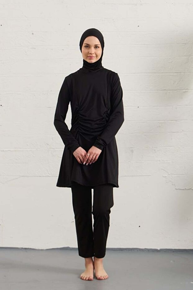 Full Covered Hijab Swimsuit Black Draped Comfortable Fit 1429/01