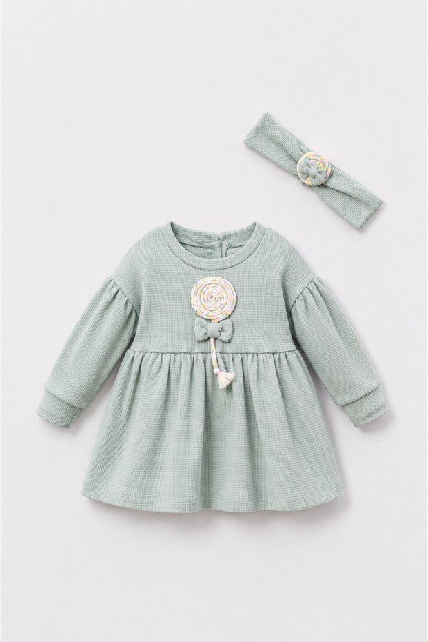Candy Appliqué Detailed Bandana Water Green Baby Dress