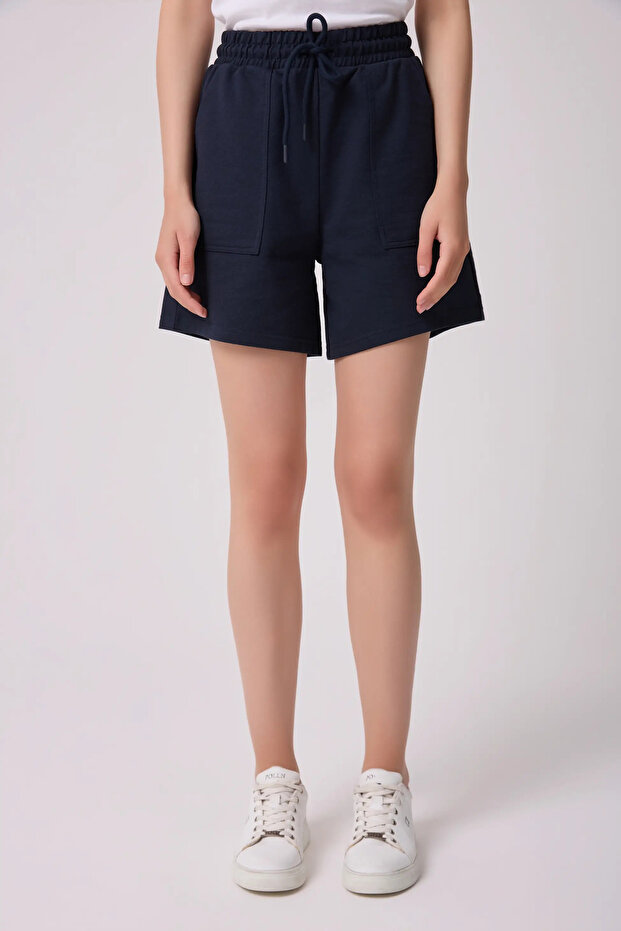 Women's Elastic Waist Regular Fit Shorts with Pockets Navy Blue