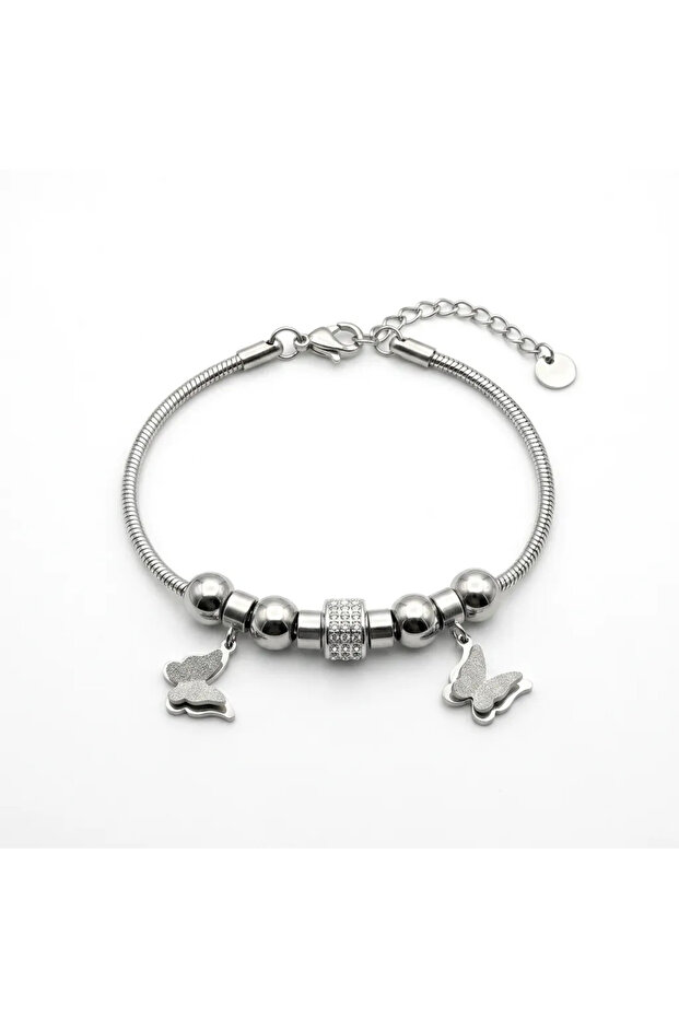 Steel Bracelet with Zircon Stone Butterfly Detail (17 5 cm)