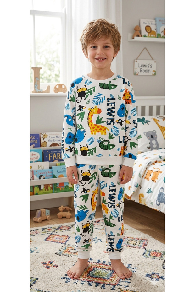 Boy's Cotton Raised White Safari Print Long Sleeve Winter Pajamas Set