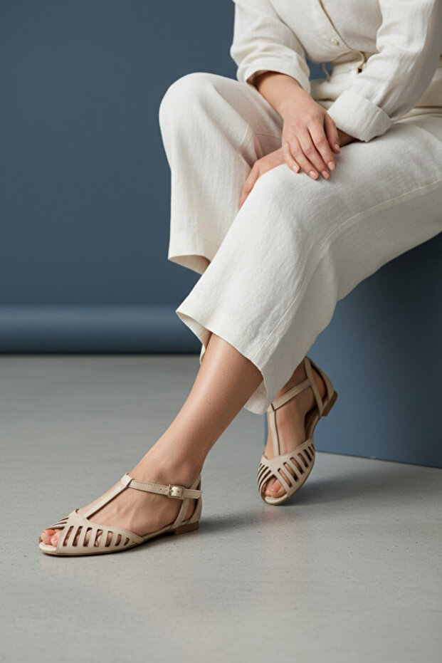 Genuine Leather Detailed Ankle-Strap Casual Women's Sandals