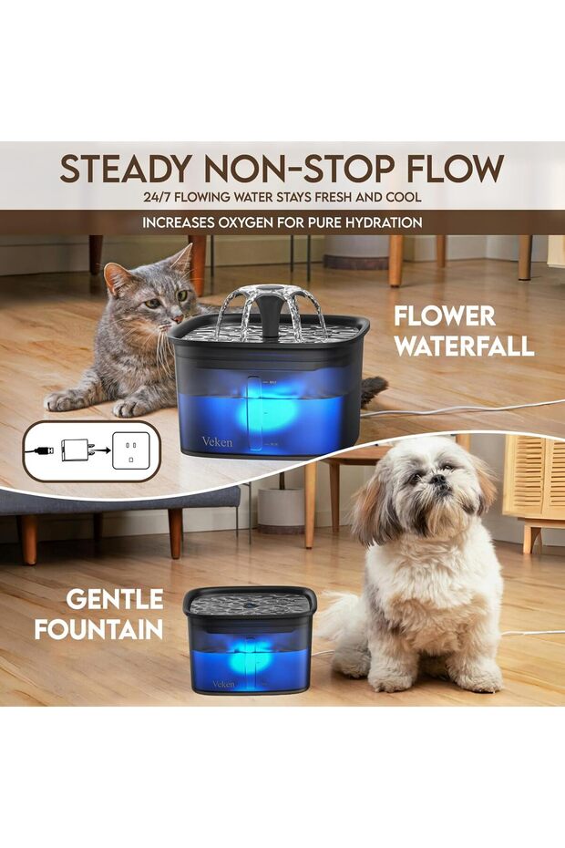 2L Cat Water Fountain, Automatic Pet Waterer with LED Light & 3 Flow Designs, Quiet