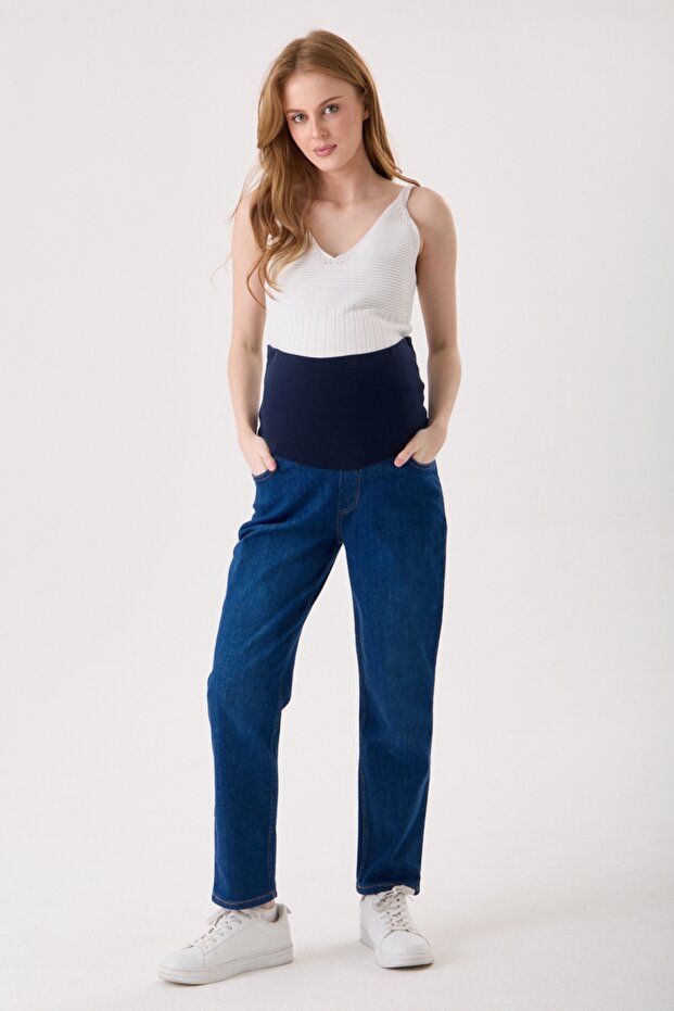 Maternity Mom Fit Lycra Navy Blue Jeans, Adjustable Waist