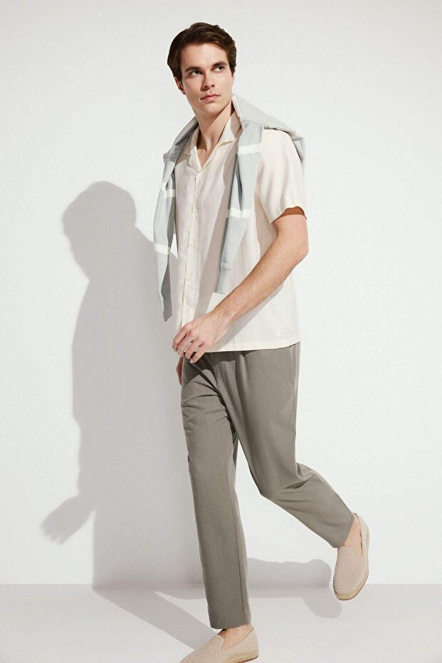 Relax Fit Relaxed Fit Short Leg Linen Look Summer Fabric Trousers E4790Ax25Sm