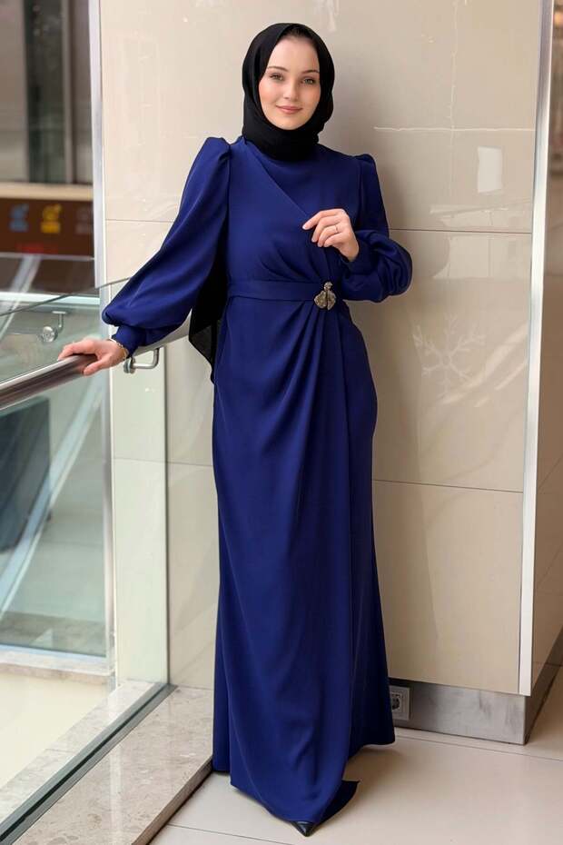 Belted Brooched Balloon Sleeve Evening Dress