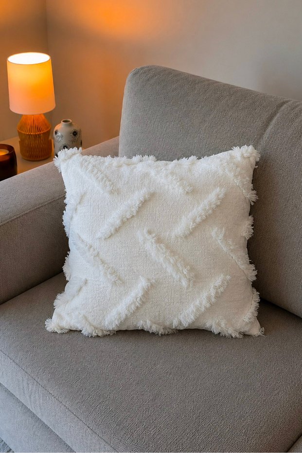Modern Throw Pillow Cover Double Sided Decorative Sofa Cushion Cover Ecru, Premium Chenille Fabric