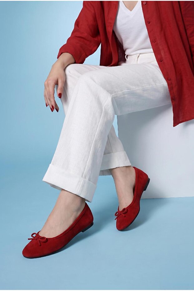 Large Size Women's Genuine Suede Leather Ballet Flats 41-42-43-44-Red Suede