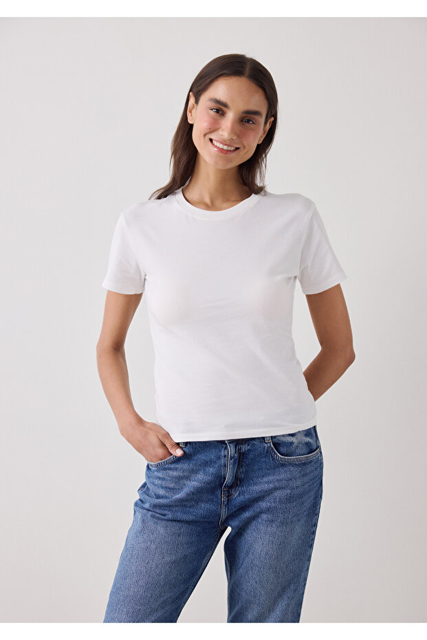 Kırık Beyaz Basic Slim Fit Tişört - 3