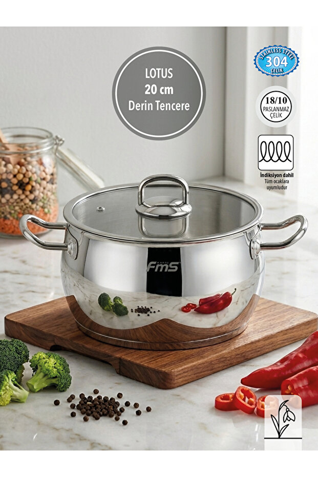 Lotus 20 cm Deep Steel Pot | 18/10 Stainless Steel | Induction Base