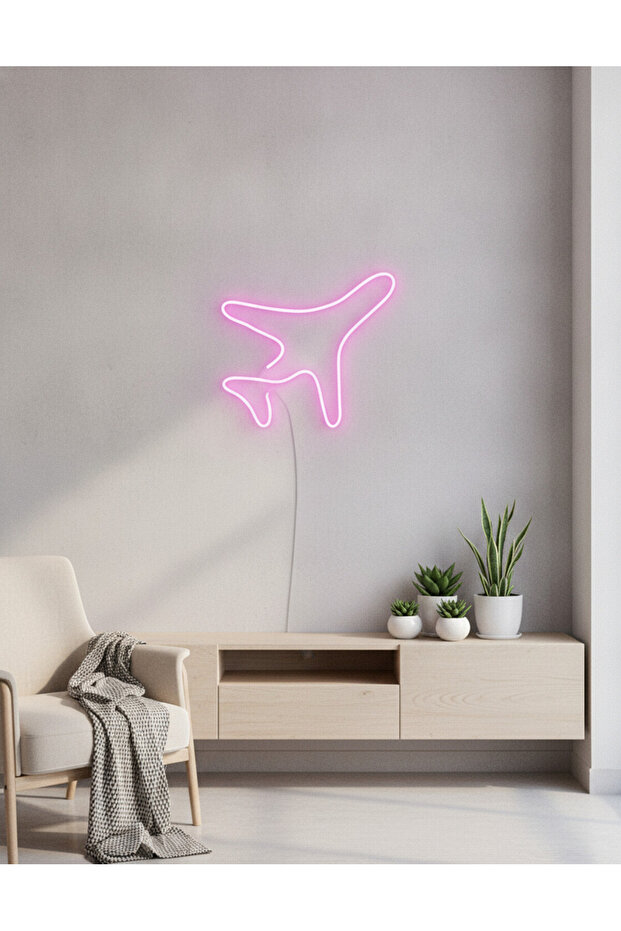 Uçak Figürlü LED Neon Duvar Tablosu | Pembe Aydınlatmalı Modern Dekor | Çocuk Genç Odası - 3
