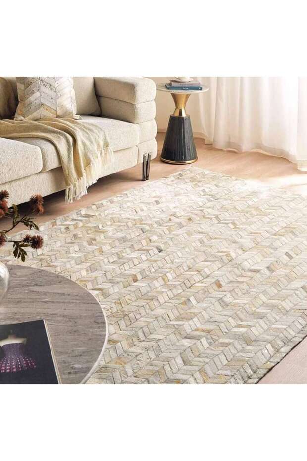 Lexus Chevron Foil Printed Hairon Hide Patch Rug 240x330cm - Gold