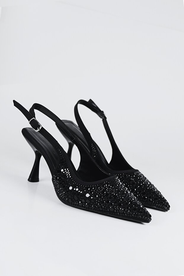 Women's Black Stone Detailed Fabric Evening Stiletto Heeled Shoes