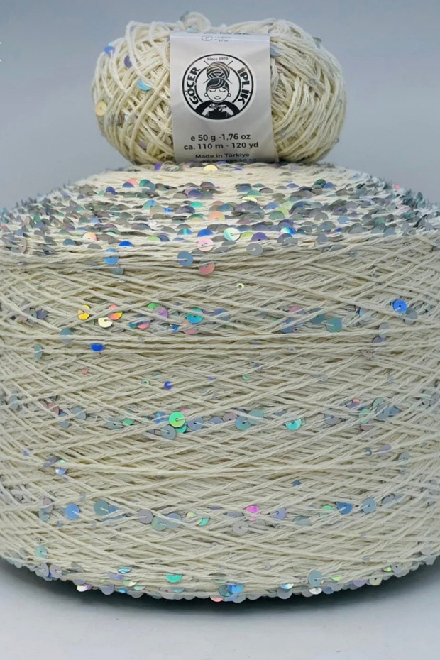 100Gr Bag Yarn / Knitting Yarn 100% Cotton Color Cream 3Mm+6Mm Silver Chunky Sequin Yarns 50Gr X 2 =100Gr