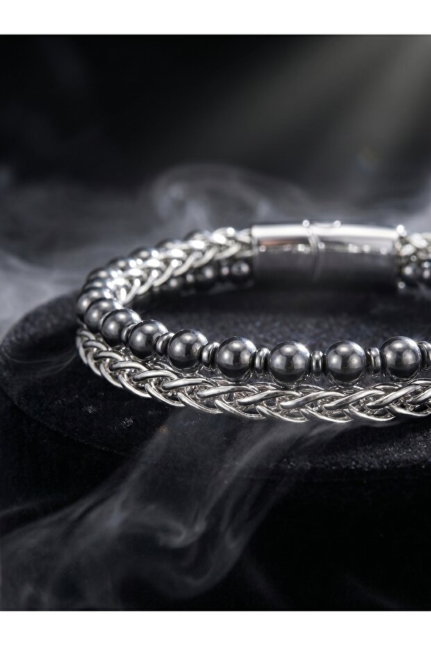 Steel Chain Silver Color Hematite Premium Men's Bracelet 01829