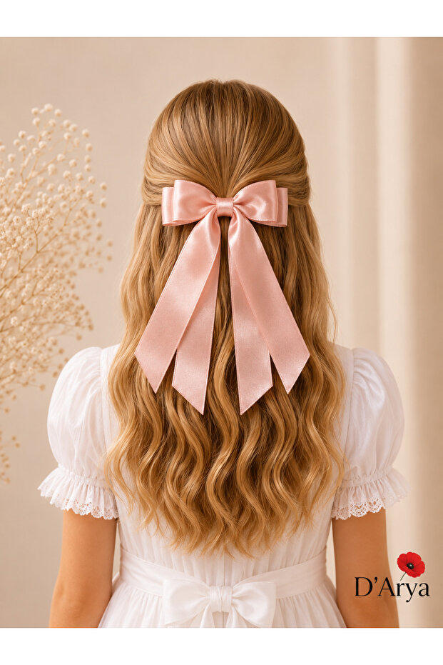 Dd478 Nostalgic Yavruağzı Satin Ribbon / Bow Long Ribbon Hair Clip