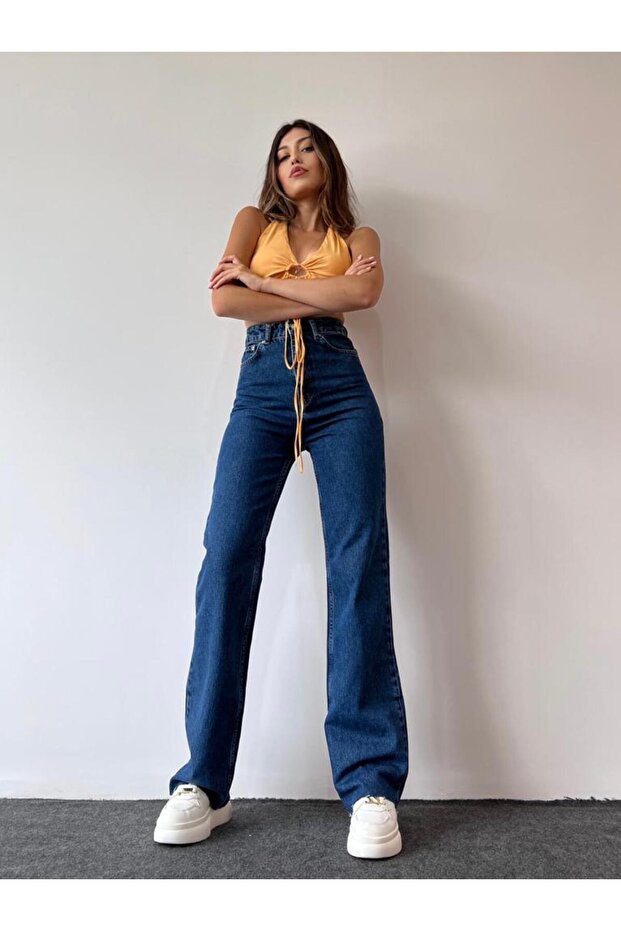 Leo Women's Dark Blue Lycra Palazzo Loose Jean Trousers