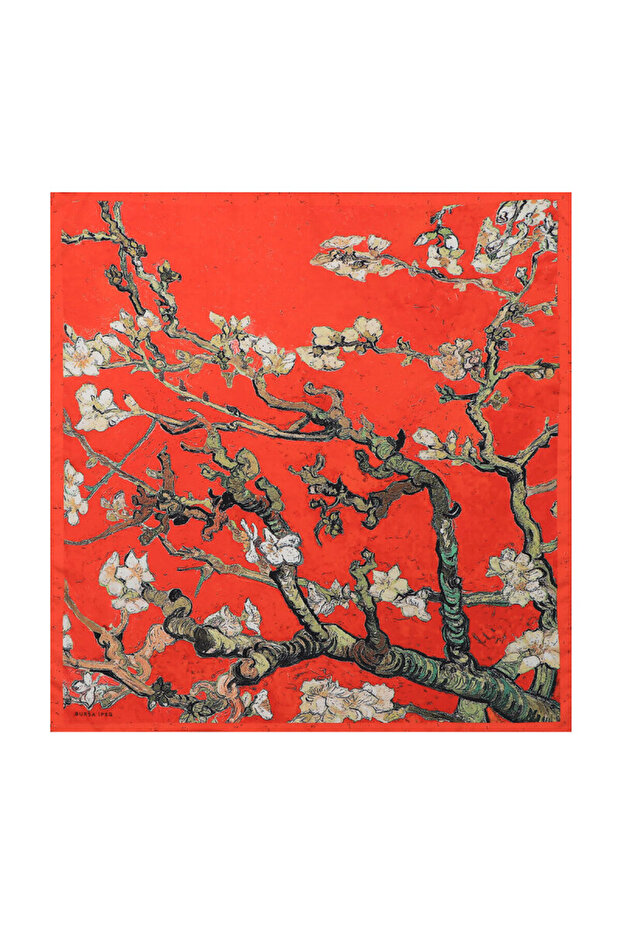 Red Almond Flower Patterned Silky Handkerchief