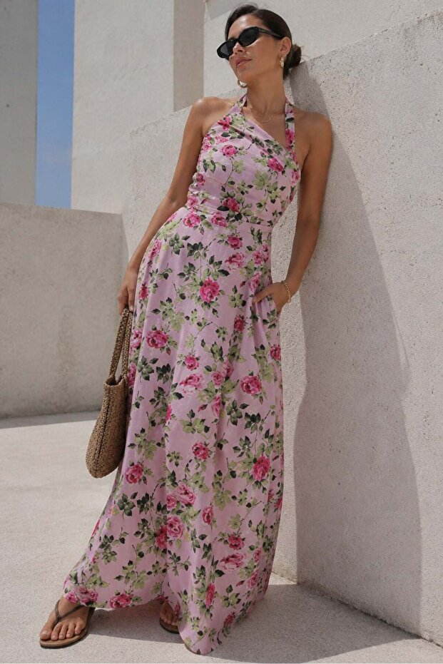 Pink Smocked Front Floral Long Dress Mg2363