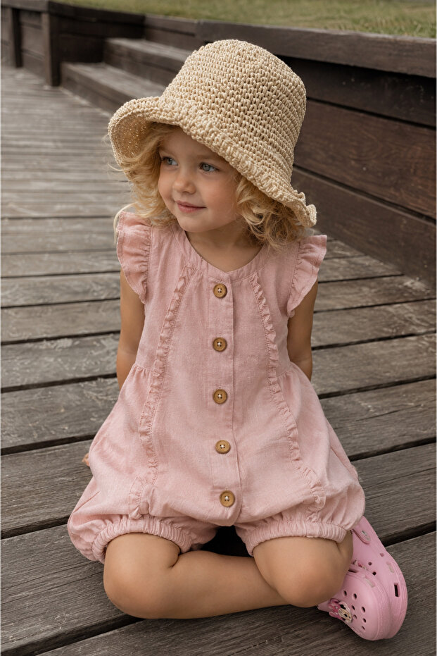 Ruffled Button Closure Linen Baby Romper