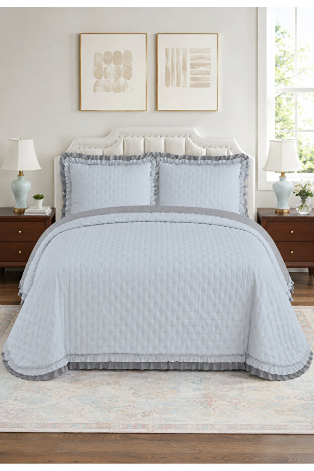 طقم غطاء سرير مزدوج لارا 240x260 سم - مع كشكشة و2 وسادة 100% بوليستر حديث - رمادي