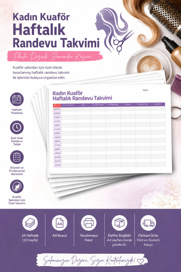 Women's Hairdresser Weekly Appointment Calendar 10 Weeks, A4 Size, 10 Pages.