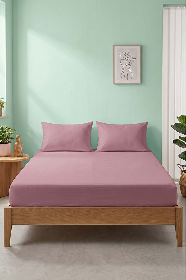 Dusty Rose Ranforce Cotton Double Elastic Bed Sheet Set 160X200 cm