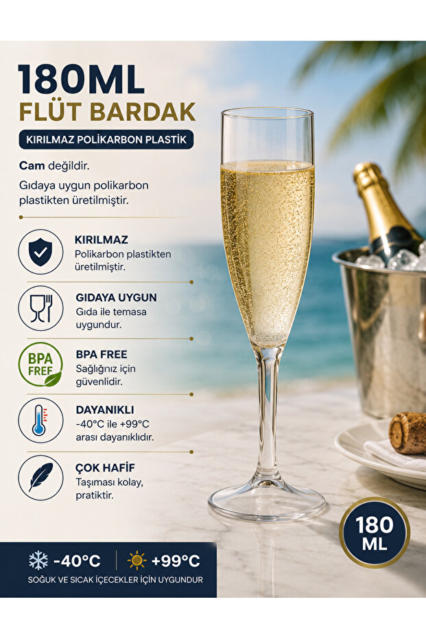 Flute Champagne Glass, 180 Ml, Polycarbonate, Transparent