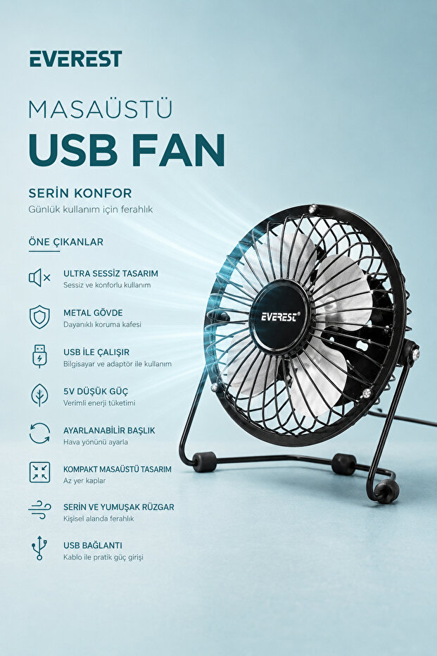 Hdx7252 Büyük Boy Masaüstü El Fanı Siyah Efn Usb Kablolu 18*18cm Astakos - 2