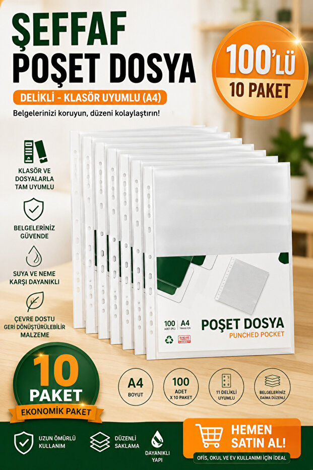 Transparent Bag File 100 Pieces - 10 Pack - Perforated, Folder Compatible (A4)