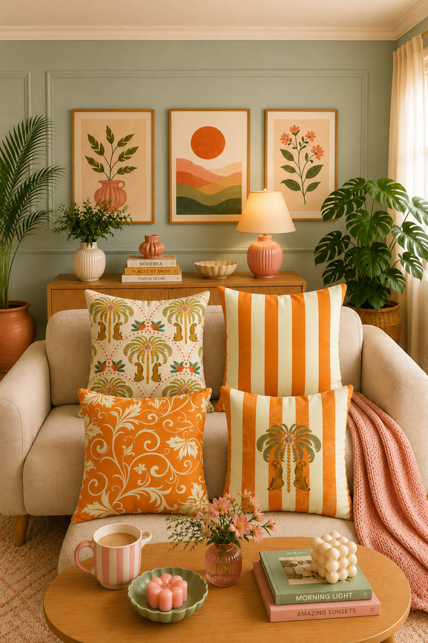 Wilda Soft Tropic Striped Patterned Set of 4 Decorative Throw Pillow Covers Cream-Orange