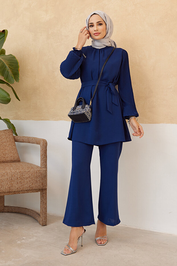 Pleated Sleeve Tunic Pants Set - Indigo