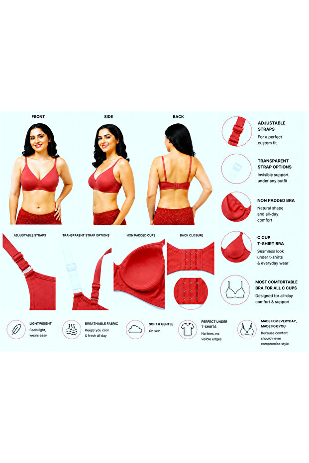 Women's Bra C Cup Soft PolyCotton Non-Padded Anti-Sag Seamless Double Layered Molded Cups Lift-up Wire-free Plus Size