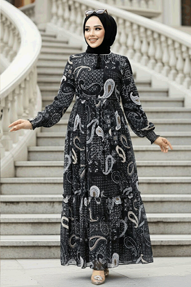 Patterned Black Hijab Dress 33561S