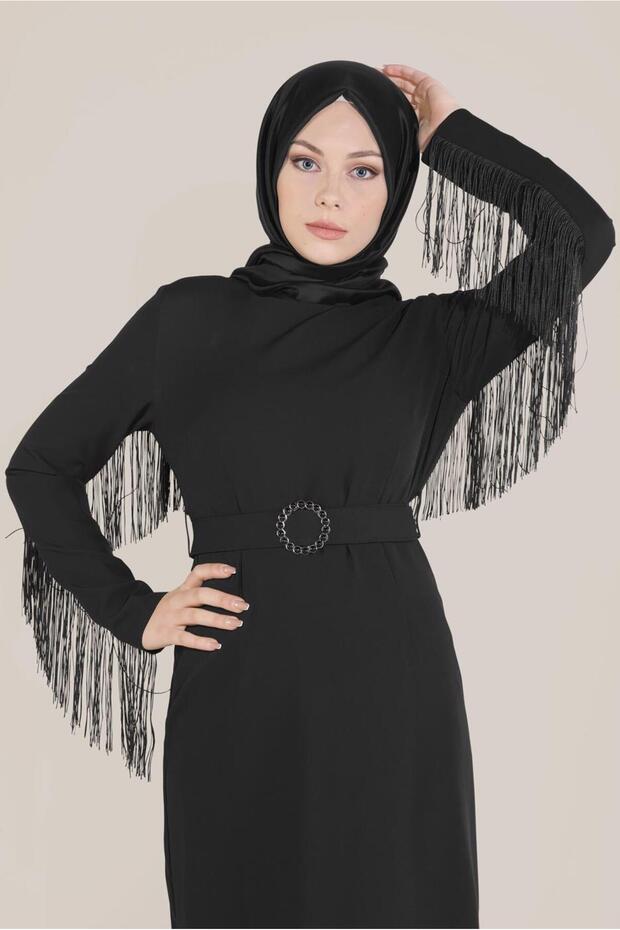 Sleeves and Back Tasseled Belt Dress 40626