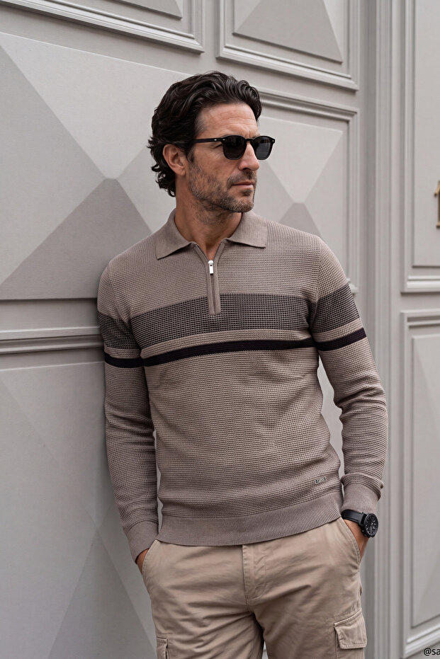 Men's Zippered Polo Neck Mink Sweater Knitwear Embossed Knit Pattern Classic Fit - 5241F