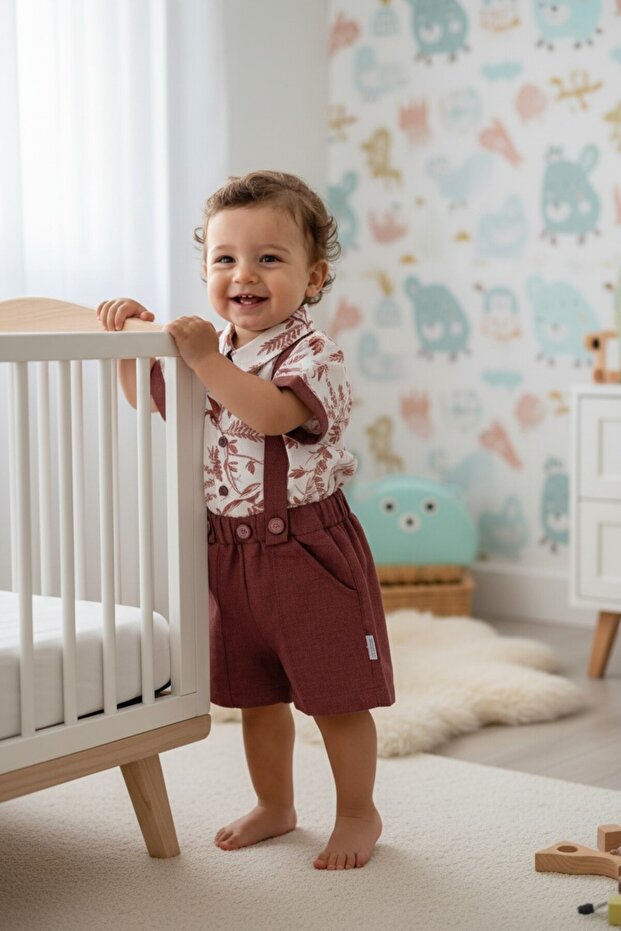 Baby Boy Floral Shirt and Suspender Shorts 2-Piece Set
