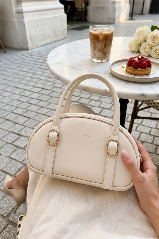 Cream D61 Gold Buckle Oval Design Zippered Large Internal Volume Stylish and Elegant Women's Hand and Shoulder Bag