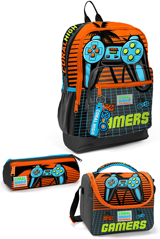Kids Gray Orange Gamer Patterned 3-Piece School Bag Set SET0123746